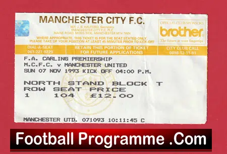 Manchester City v Manchester United 1993 - Football Ticket - Image 2