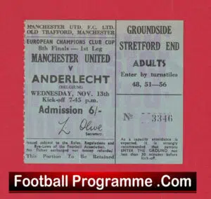 Manchester United v Anderlecht 1968 – European Cup Ticket