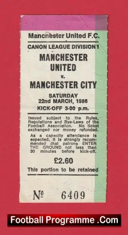 Manchester United v Manchester City 1986 – Ticket