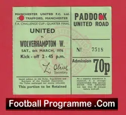 Manchester United v Wolves 1976 – Ticket Old Trafford