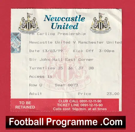 Newcastle United v Manchester United 1999 - Treble Season Ticket - Image 2