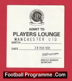 Queens Park Rangers v Manchester United 1992 – Players Lounge Ticket