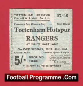 Tottenham Hotspur v Glasgow Rangers 1962 – ECWC Football Ticket