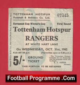 Tottenham Hotspur v Glasgow Rangers 1962 – ECWC Football Ticket