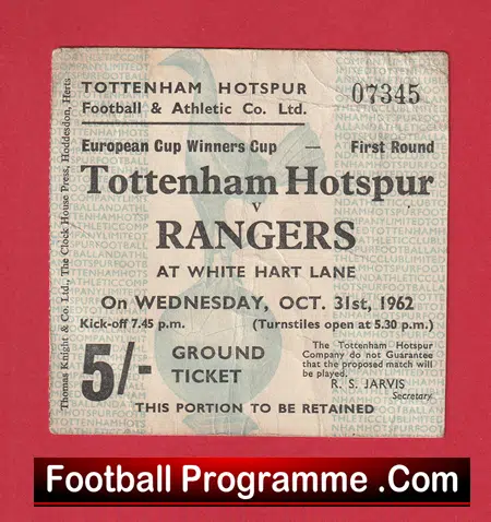 Tottenham Hotspur v Glasgow Rangers 1962 - ECWC Football Ticket - Image 2