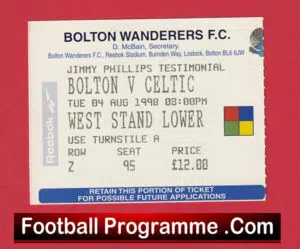 Bolton Wanderers v Glasgow Celtic 1998 – Match Ticket