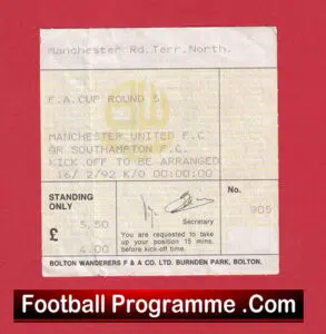 Bolton Wanderers v Manchester United 1991 – Match Ticket