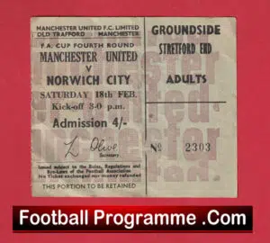 Manchester United v Norwich City 1967 – FA Cup Football Ticket