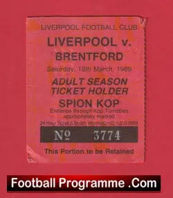 Liverpool v Brentford 1989 – Football Ticket