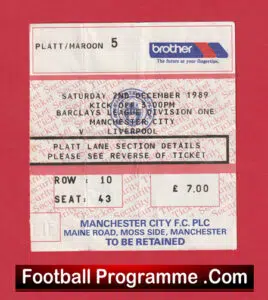 Manchester City v Liverpool 1989 – Football Ticket 89 Man City