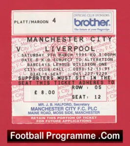 Manchester City v Liverpool 1991 – Football Ticket 89 Man City Tickets