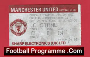 Manchester United v Manchester City 1986 – Match Day Ticket