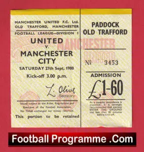 Manchester United v Manchester City 1980 – Match Ticket