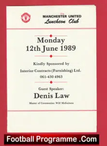 Manchester United Denis Law Autographed Signed Crerand Sadler McGuinness 1989