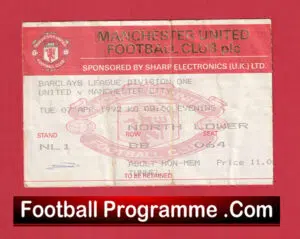 Manchester United v Manchester City 1992 – Match Ticket