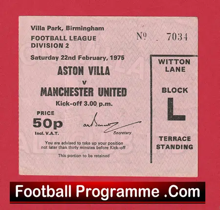 Aston Villa v Manchester United 1975 - Ticket Stub 2nd Division - Image 2