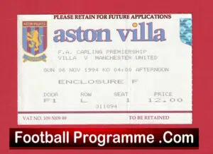 Aston Villa v Manchester United 1994 – Match Ticket