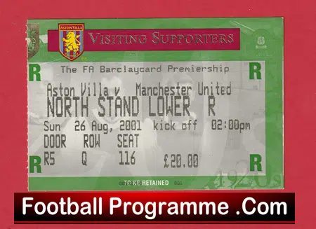 Aston Villa v Manchester United 2001 - Football Match Ticket - Image 2