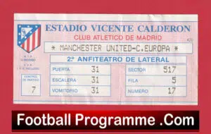 Atletico Madrid v Manchester United 1991 – ECWC Ticket Spain