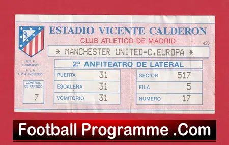 Atletico Madrid v Manchester United 1991 - ECWC Ticket Spain - Image 2