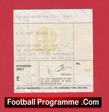 Bolton Wanderers v Manchester United 1991 - Match Ticket - Image 2