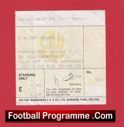 Bolton Wanderers v Manchester United 1991 – Match Ticket
