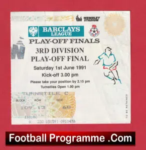 Bolton Wanderers v Tranmere Rovers 1991 – D3 PlayOff Final Ticket Wembley
