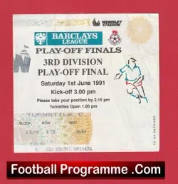 Bolton Wanderers v Tranmere Rovers 1991 – D3 PlayOff Final Ticket Wembley