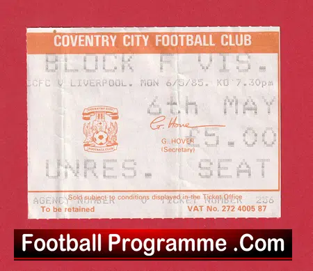 Coventry City v Liverpool 1985 - Football Ticket - Image 2