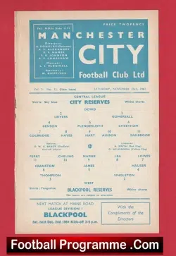 Manchester City v Blackpool 1961 - Reserves Match - football programme