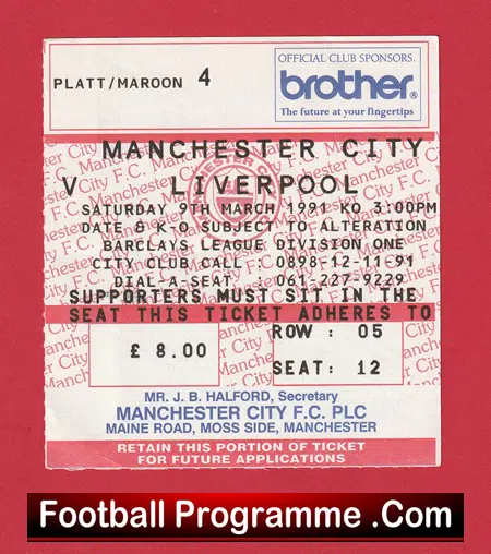 Manchester City v Liverpool 1991 – Football Ticket 89 Man City Tickets