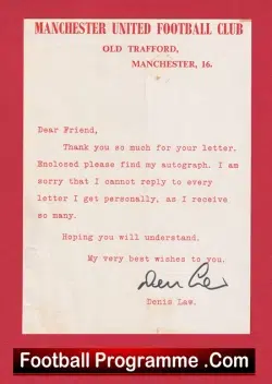Manchester United Denis Law Signed Letter Man Utd 1970's - football memorabilia