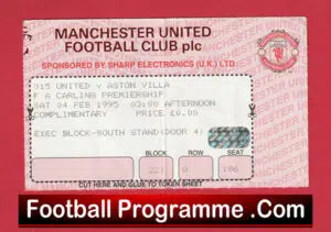 Manchester United v Aston Villa 1995 – Man Utd Match Ticket