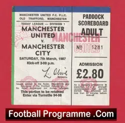 Manchester United v Manchester City 1987 - Man Utd Ticket FAC - football memorabilia