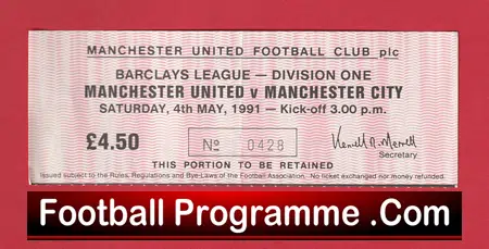 Manchester United v Manchester City 1991 - Ticket - Image 2