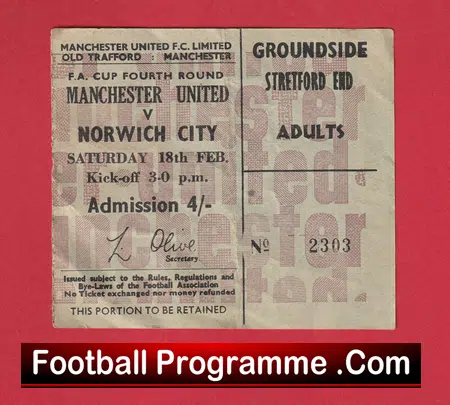 Manchester United v Norwich City 1967 - FA Cup Football Ticket - Image 2
