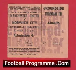 Manchester United v Norwich City 1967 - FA Cup Match Ticket - football memorabilia