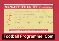 Manchester United v Sunderland 1991 - Football Ticket Man Utd - football memorabilia