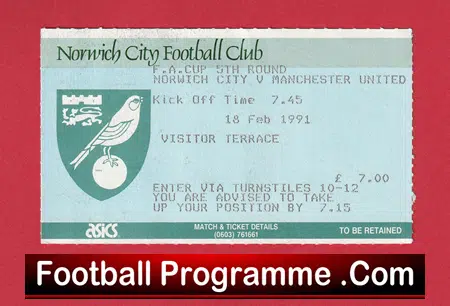 Norwich City v Manchester United 1991 - FA Cup Match Ticket - Image 2