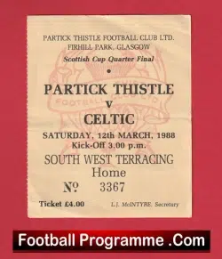Partick Thistle v Glasgow Celtic 1988 – Football Ticket