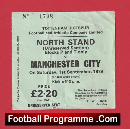 Tottenham Hotspur v Manchester City 1979 - Football Ticket - Image 2