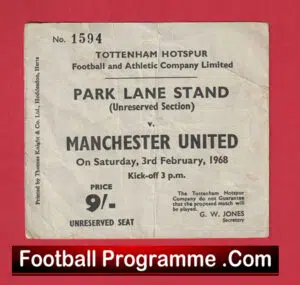 Tottenham Hotspur v Manchester United 1968 – Football Ticket
