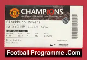 Manchester United v Blackburn Rovers 2011 – Match Ticket Man Utd