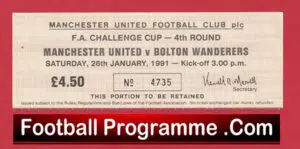 Manchester United v Bolton Wanderers 1991 – Match Ticket