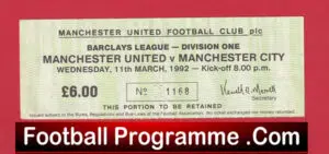 Manchester United v Manchester City 1992 – Football Match Ticket