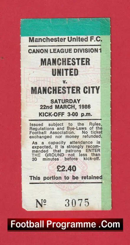Manchester United v Manchester City 1986 – Football Ticket