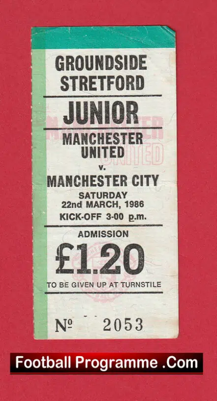 Manchester United v Manchester City 1986 – Junior Match Ticket