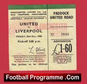 Manchester United v Liverpool 1980 – Man Utd Ticket 80s
