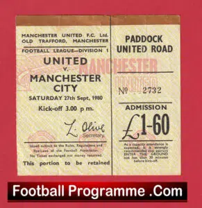 Manchester United v Manchester City 1980 – Match Ticket