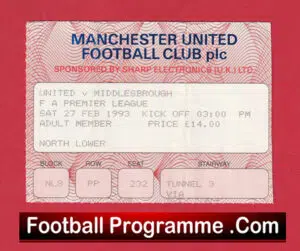 Manchester United v Middlesbrough 1993 Ticket – Champions Season
